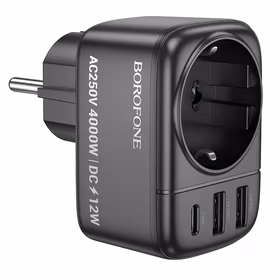 "Borofone" sieninis įkroviklis BAC14 Wide - 2xUSB + C tipo + lizdas - 12 W juodas