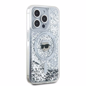 Karl Lagerfeld Skystas blizgutis Karl Head Magnetinis dėklas telefonui iPhone 15 Pro – permatomas