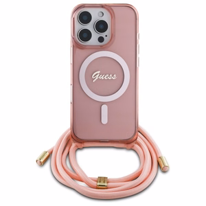Guess Crossbody Cord Script Magnetinis dėklas iPhone 16 Pro - rožinis