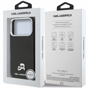 Dėklas Karl Lagerfeld PU Karl and Choupette Heads Pins MagSafe Apple iPhone 17 Pro juodas