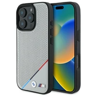 BMW M perforuotas trispalvės linijos magnetinis dėklas telefonui iPhone 16 Pro Max - pilkas