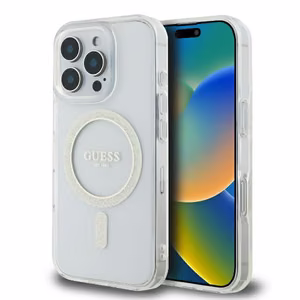 Guess GUHMP16LHFGERET iPhone 16 Pro 6.3" skaidrus kietas dėklas IML blizgus ratas Magnetinis