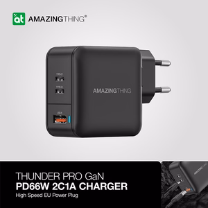 Nuostabus daiktas Sieninis įkroviklis "Thunder Pro GaN EUTH66W" - USB + 2xType C - PD 66W juodas
