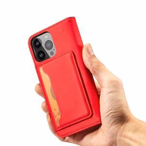 Magnet Card dėklas iPhone 14 Plus atveriamas dangtelis piniginė su stovu raudonas
