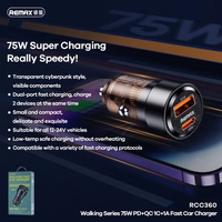 Automobilinis įkroviklis Remax RCC360 75W USB-C/USB-A juodas