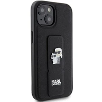 Karl Lagerfeld Gripstand Saffiano Karl&Choupette Pins dėklas telefonui iPhone 15 Plus / 14 Plus - juodas