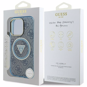 Guess IML Metal Glitter 4G Circle Triangle Magnetinis dėklas telefonui iPhone 16 Pro - mėlynas