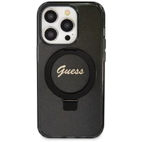 Guess Ring Stand Script Glitter MagSafe dėklas telefonui iPhone 13 Pro / 13 - juodas