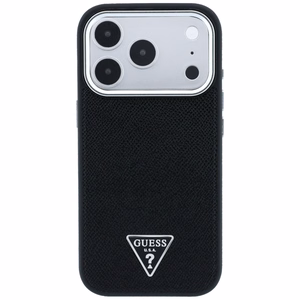 Guess Grained Triangle Logo MagSafe dėklas, skirtas iPhone 17 Pro Max / 18 Pro Max, juodas