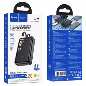 Išorinė baterija Hoco 20000 mAh QC PD 22,5W su integruotais laidais USB C + Lightning Q37A juoda