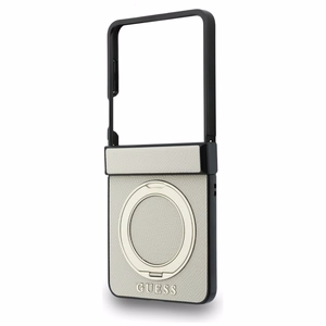 Smėlio spalvos dėklas „Guess Magnetic Ring Stand Grained Classic Logo MagSafe“, skirtas „Samsung Galaxy Z Flip8“