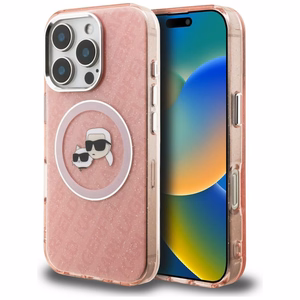 Karl Lagerfeld IML Glitter Karl & Choupette Heads Logo MagSafe dėklas iPhone 16 Pro Max - rožinis