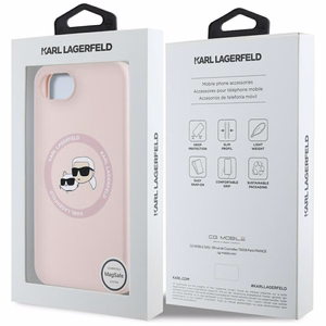 Karl Lagerfeld silikoninis Karl&Choupette galvų Magnetinis dėklas telefonui iPhone 16e - rožinis
