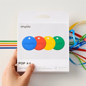 Chipolo POP Bluetooth daiktų ieškiklių rinkinys su keičiamomis baterijomis, skirtas iOS ir Android, 4 vnt. (raudonas, mėlynas, geltonas ir žalias)