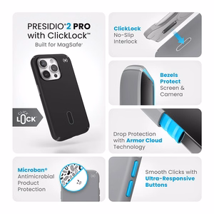 Speck Presidio2 Pro ClickLock MagSafe dėklas, skirtas iPhone 15 Pro, juodos ir skalūno pilkos spalvų