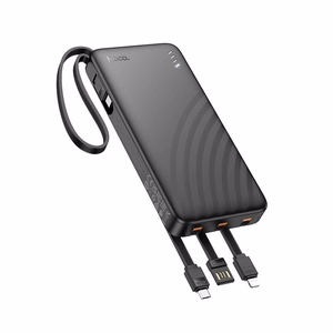 Išorinė baterija Hoco 10000 mAh 2A su keturiais integruotais laidais USB A + USB C + Lightning + Micro USB J146 juoda