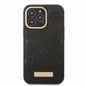 Guess GUHMP13LSAPSTK iPhone 13 Pro / 13 6.1" juodas/juodas kietas dėklas telefonui Peony Logo Plate Magnetinis MagSafe