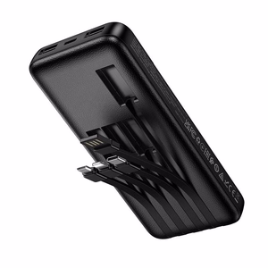 Išorinė baterija Hoco 10000 mAh 2A su keturiais integruotais laidais USB A + USB C + Lightning + Micro USB J163 juoda