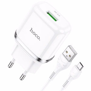 Telefono įkroviklis Hoco USB A QC3.0 3A 18W + kabelis USB A į Micro USB N3 baltas