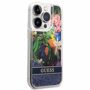 Guess Flower Liquid Glitter dėklas telefonui iPhone 14 Pro Max - mėlynas