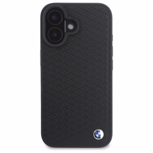 BMW ženklas odinis deimantinis metalinis logotipas magnetinis iPhone 16 dėklas - juodas