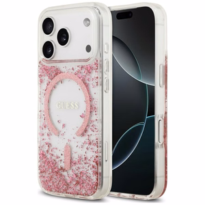 Guess Resin Bottom Glitter MagSafe dėklas, skirtas iPhone 18 Pro Max / 17 Pro Max, rožinis