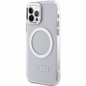 Guess Metal Outline MagSafe dėklas iPhone 12 / iPhone 12 Pro – sidabrinis