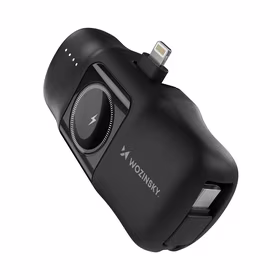 Wozinsky WF16-YLS 5000mAh 15W Lightning mini išorinė baterija su įmontuotu USB-C kabeliu ir Apple Watch įkrovikliu - juoda