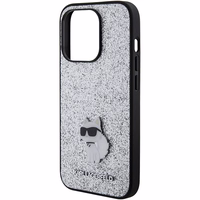 Karl Lagerfeld Fixed Glitter Choupette Logo Metal Pin Dėklas telefonui iPhone 15 Pro Max - sidabrinis