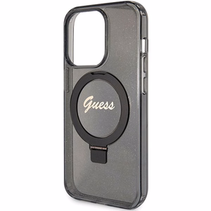 Guess dėklas telefonui su stovu Ring Stand Script Glitter magnetinis iPhone 15 Pro Max - juodas