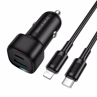 "Borofone" automobilinis įkroviklis BZ34B Cloud - USB + C tipo - QC 3.0 PD 38W su C tipo "Lightning" kabeliu, juodas