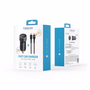 Forever CC-06 PD QC automobilinis įkroviklis 1x USB-C 1x USB 20W juodas + USB-C - USB-C kabelis 60W