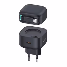 USAMS Tinklo įkroviklis 1xUSB-C su suvyniojamuoju USB-C laidu PD+QC 35W Gan Fast Charging juodas XMF Series CC202TC01 (US-CC202)