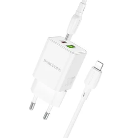 Borofone Sieninis įkroviklis BN14 Royal GaN - USB + Type C - QC 3.0 PD 30W su Type C į Lightning kabeliu baltas