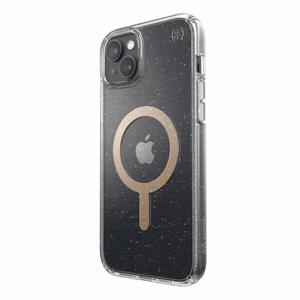 Speck Presidio Perfect-Clear with Glitter + MagSafe case for iPhone 15 Plus / 14 Plus, with Microban antimicrobial protection, Clear / Gold Glitter