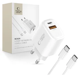 Tech-Protect NCA20 PD 20W QC3.0 USB-A / USB-C sieninis įkroviklis + USB-C / USB-C kabelis 100cm - baltas