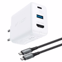 Acefast 2in1 įkroviklis GaN 65W USB Type C / USB, HDMI adapteris 4K @ 60Hz (rinkinys su kabeliu) baltas (A17 baltas)