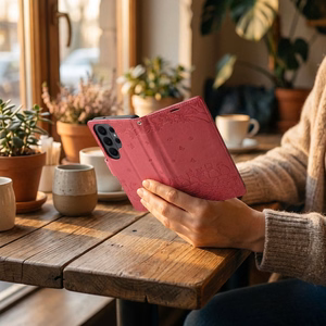 Atverčiamas dėklas skirtas Samsung A27 Mezzo Book katės raudonas