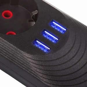Maclean power strip, 5 socket extension cable + 3xUSB, 110-240V AC 50/60Hz, 2.1A max 2500W, 1.5m, black, MCE395 B