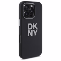 DKNY skystos silikoninės medžiagos dėklas telefonui su metaliniu logotipu iPhone 16 Pro Max - juodas