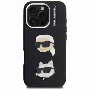 Karl Lagerfeld FW Grained Karl & Choupette Heads Pins dėklas, skirtas „iPhone 16 Pro Max“ – juodas