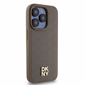 DKNY Odinis monogramos rašto metalinis logotipas Magnetinis dėklas iPhone 15 Pro - ruda