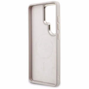 Guess 4G Big Rhinestone Triangle Strap MagSafe dėklas + dirželis Samsung Galaxy S26 Ultra rožinis