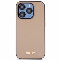 DKNY Grained Metal Logo Magnetinis iPhone 15 Pro dėklas - smėlio spalvos