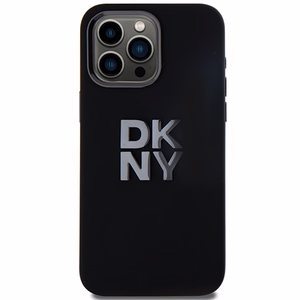 DKNY skystojo silikono metalinio logotipo dėklas telefonui iPhone 15 Pro - juodas