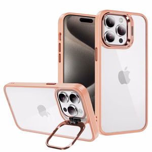 Tel Protect Dėklas telefonui su stovu + kameros stiklas Iphone 15 Pro šviesiai rožinė