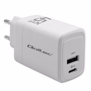Qoltec 51825 GaN 45 W įkroviklis | 5–20 V | 1,5–3 A | 1 x USB-C PD | 1 x USB QC 3.0 | Baltas