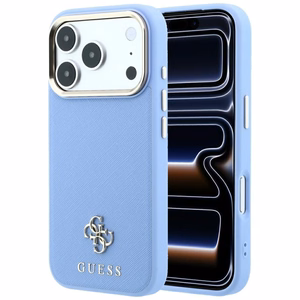Guess Saffiano Small 4G & Classic Logo dėklas, skirtas iPhone 18 Pro / 17 Pro, suderinamas su MagSafe – šviesiai mėlynas