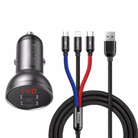 Baseus automobilinis įkroviklis 2x USB 4.8A 24W su LCD ekranu + 3in1 kabelis USB - USB Type C / micro USB / Lightning 1.2m juodas (TZCCBX-0G)