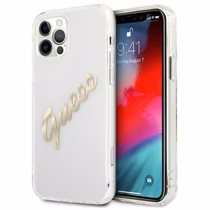 Guess GUHCP12LKTRSVGO iPhone 12 Pro Max 6.7" Skaidrus kietas dėklas Vintage Script Auksinis